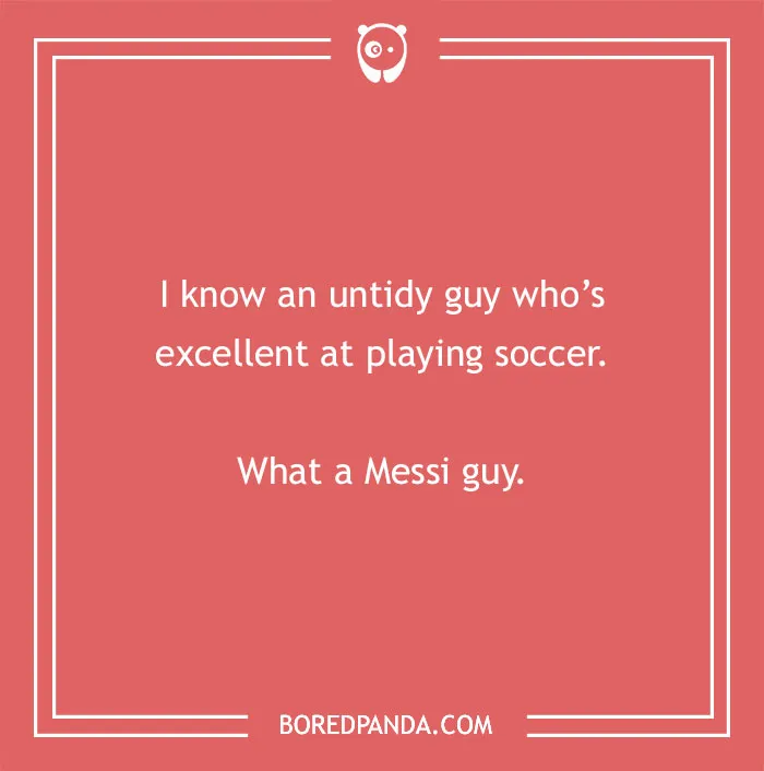 Soccer joke text on a red background, playing on the word "Messi," part of a sports jokes series.