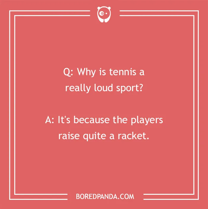 Tennis joke about players raising a racket, featured on a red background.