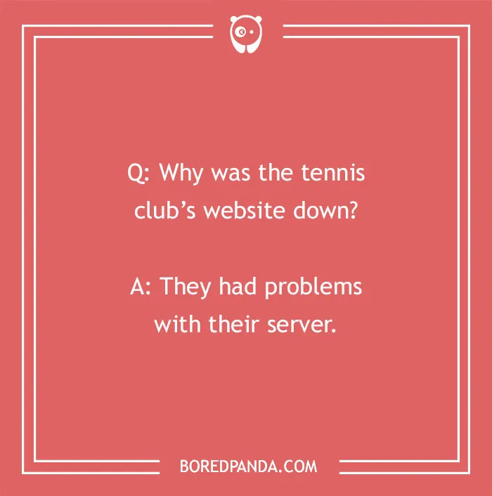 Sport joke about a tennis club website being down due to server issues on a red background.