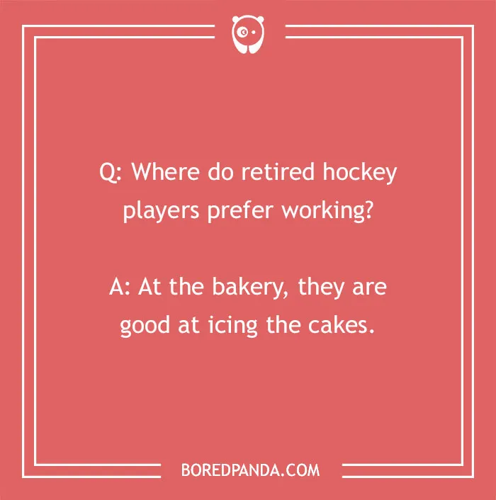 Text joke about retired hockey players working in a bakery; sports jokes humor theme.