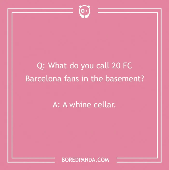 A humor card with a sports joke about FC Barcelona fans, set on a pink background.