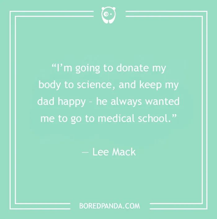 Stand-up comedy joke from Lee Mack on a mint green background, sourced from Bored Panda.