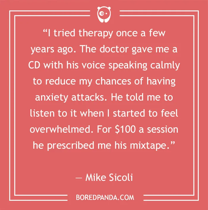 Stand-up comedy joke by Mike Sicoli about therapy and mixtapes on a red background from Bored Panda.