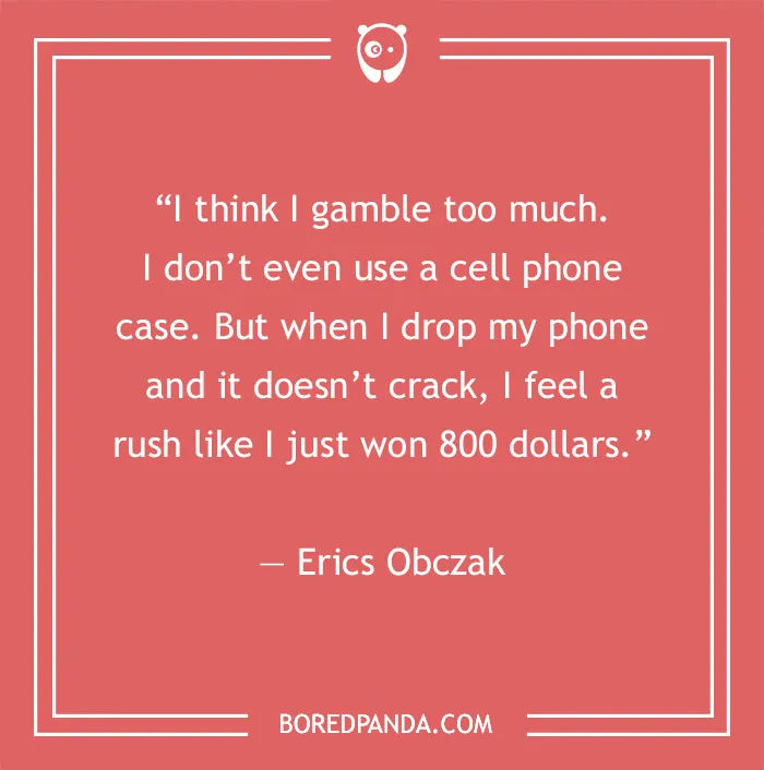 Comedy joke about gambling by Erics Obczak on a red background with Bored Panda logo.