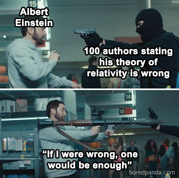 Man labeled "Albert Einstein" confronting armed man, symbolizing physics debate humor.