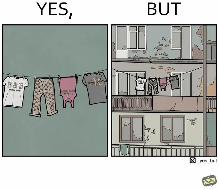 Artist illustration showing contrasting perspectives of laundry on a line, titled "Yes, But".