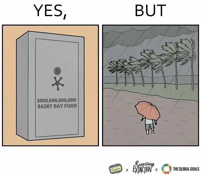 Artist illustrates both sides of a story: a large rain fund vault and a person in a storm with an umbrella.