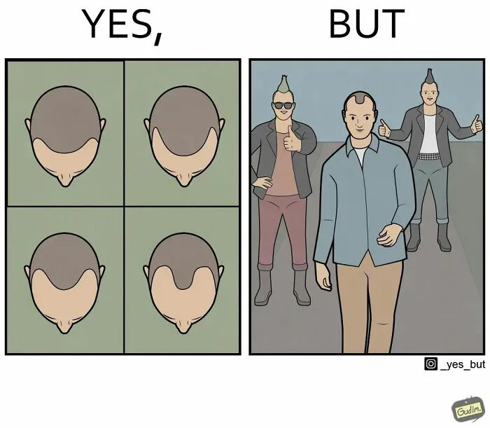 Artist illustration depicting both sides of the same story, with contrasting visual elements.