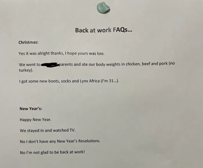 First Day Back In The Office At Work. Printed Off Some Frequently Asked Question To Stick On The Door To Avoid The Post-Christmas Small Talk Barrage. Genius Or Peak Antisocial Grump?