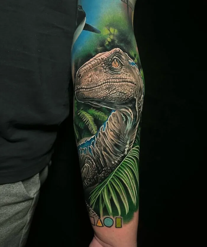 I’m Doing A Sleeve On My Client, Each Piece Represents An Animal Chosen By His Wife And Kids. His Son Picked The Raptor Blue