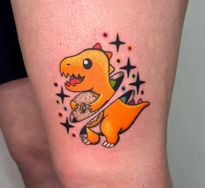 Colorful dinosaur tattoo holding a donut, perfectly executed.