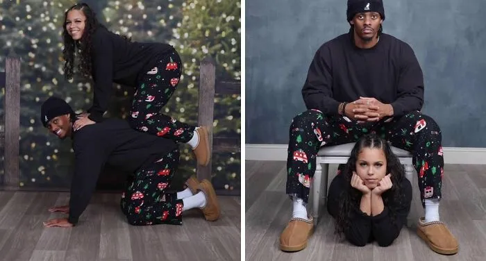 Awkward holiday photo trend at JCPenney featuring a couple in humorous poses with festive pajamas, going viral for hilarity.