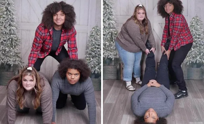 Group posing awkwardly in a funny JCPenney holiday photo with festive trees in the background.