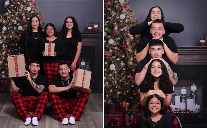 Family in red plaid pajamas posing for an awkward holiday photo at JCPenney in front of a decorated Christmas tree.
