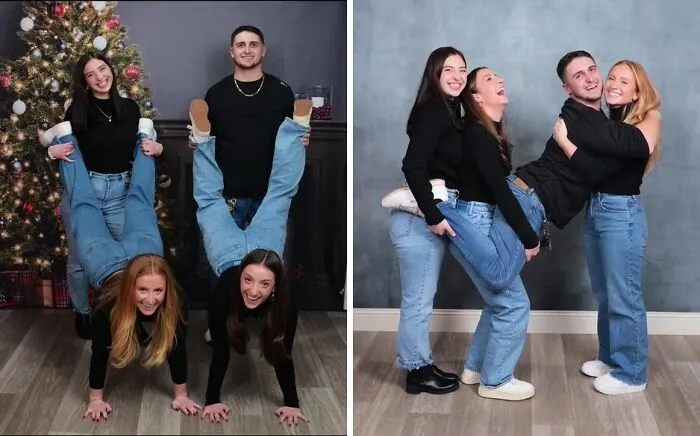 Group posing in funny holiday photo trend at JCPenney, with playful and humorous expressions in a festive setting.