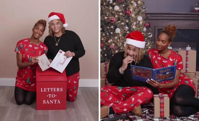 Two people in festive pajamas pose humorously with Santa letters and a holiday book, capturing the viral JCPenney photo trend.