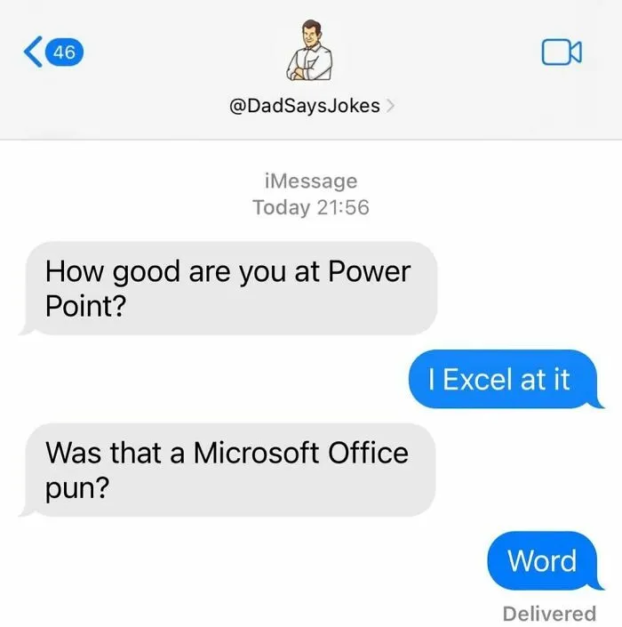 Text exchange with dad jokes using Microsoft Office puns.