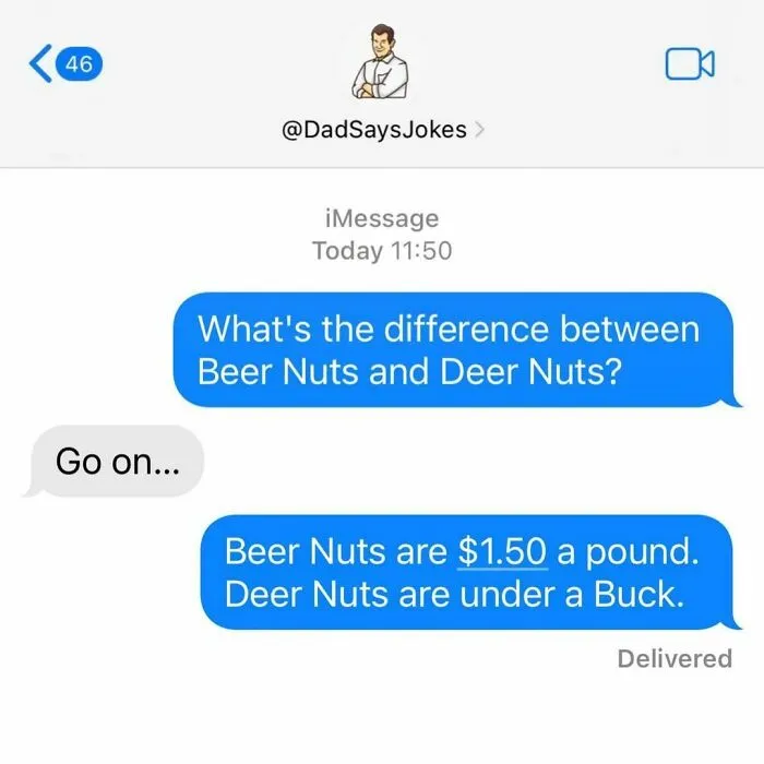 Text messages with witty dad joke about the price difference between beer nuts and deer nuts.