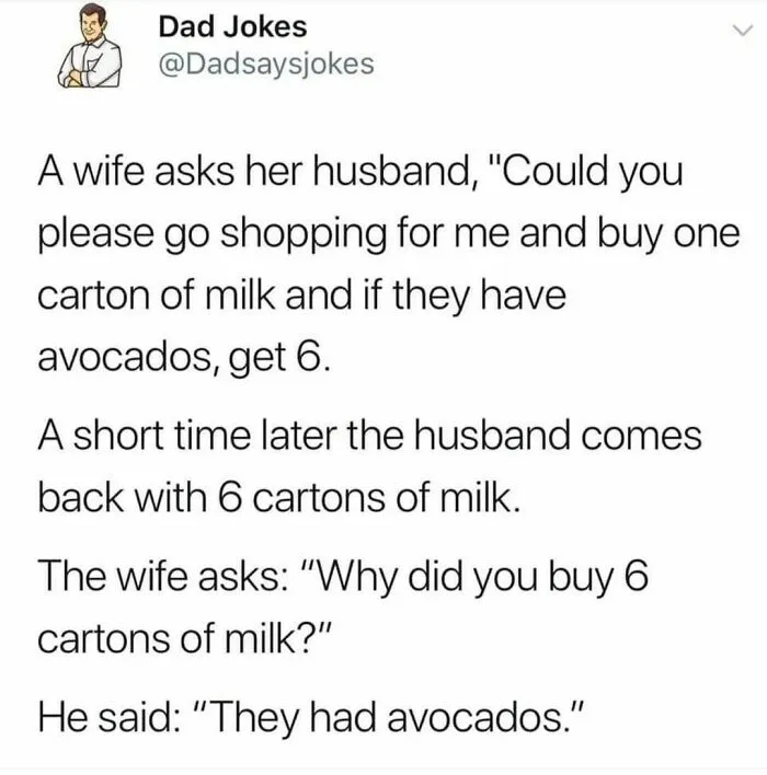 Text post from Dad Jokes account featuring a witty dad joke about shopping for milk and avocados.
