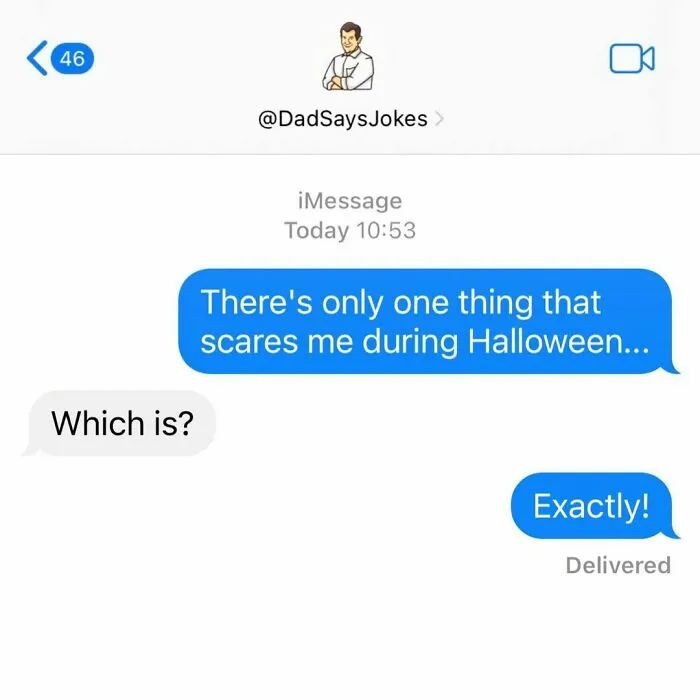 Dad jokes text exchange about Halloween fears with witty punchline.