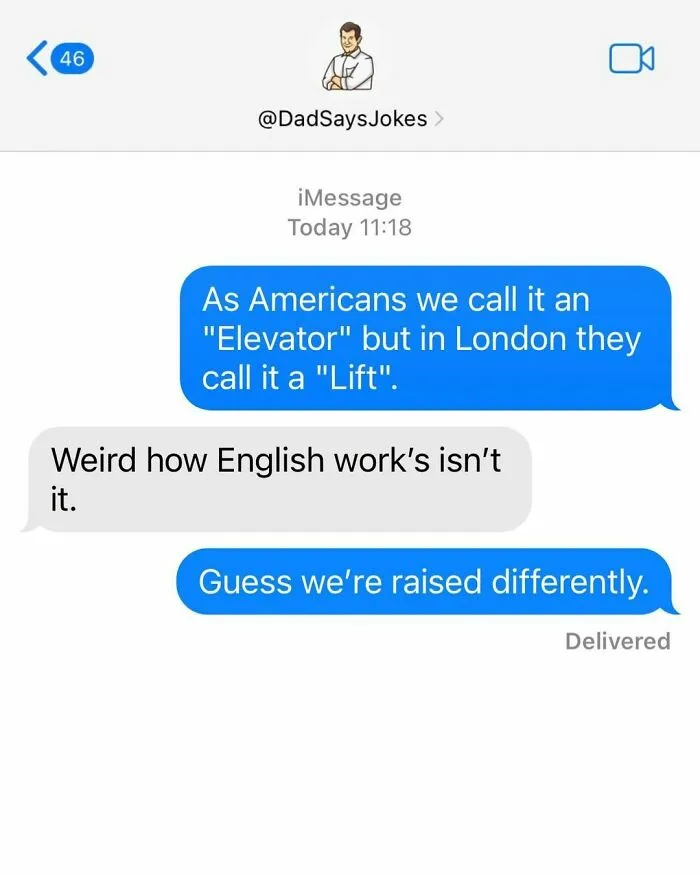 Text message exchange with witty dad jokes about the difference between "elevator" and "lift" in American and British English.