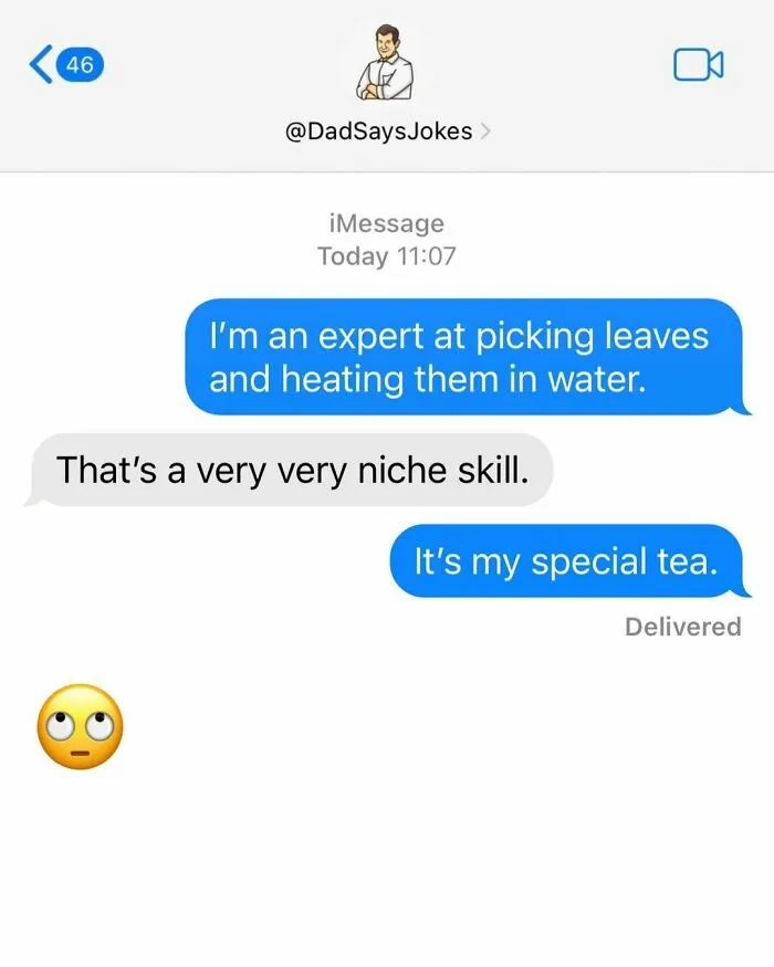 Dad joke text exchange about making tea with eye roll emoji, highlighting witty humor.