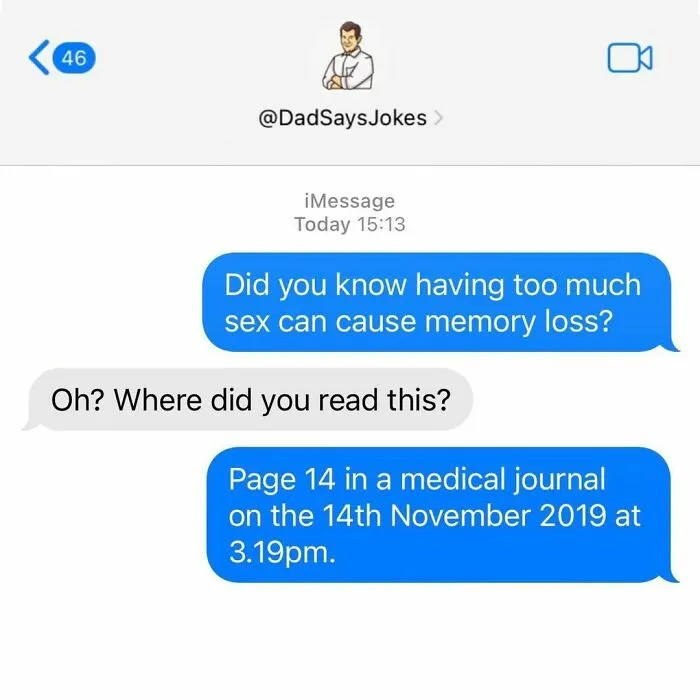 Text message exchange with a witty dad joke about memory loss.