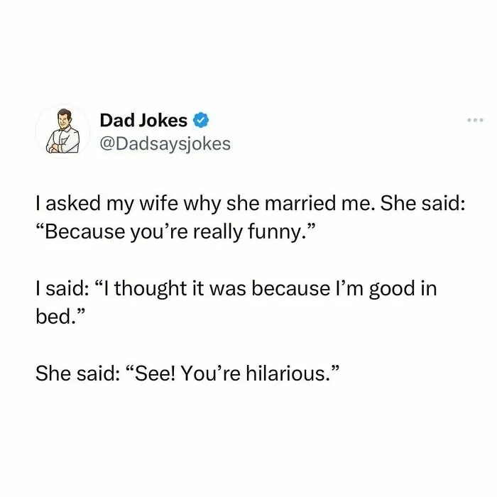Dad joke text about a marriage conversation, highlighting a funny misunderstanding.