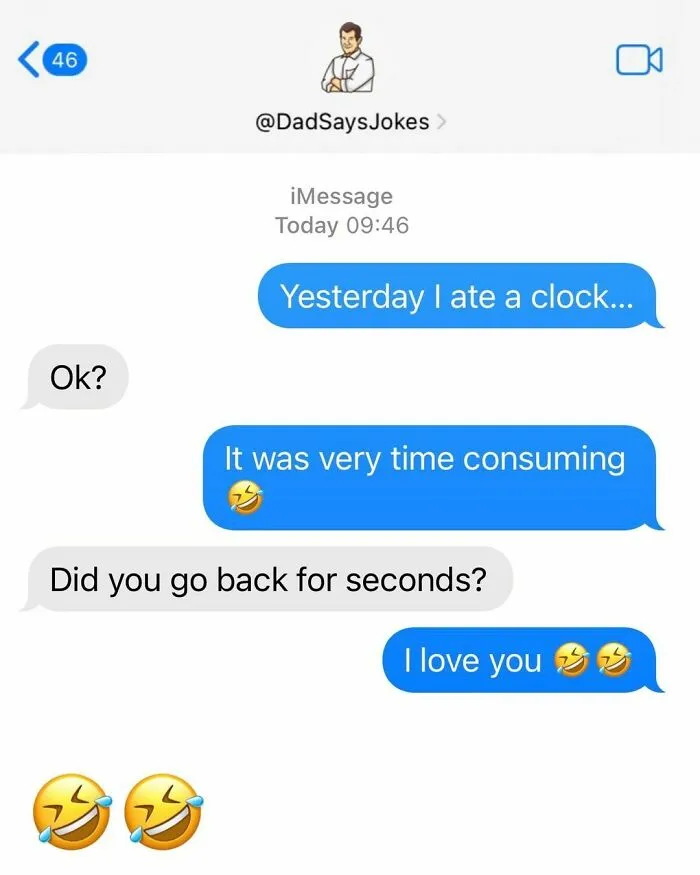 Text exchange with witty dad jokes about eating a clock, marked by laughter emojis.