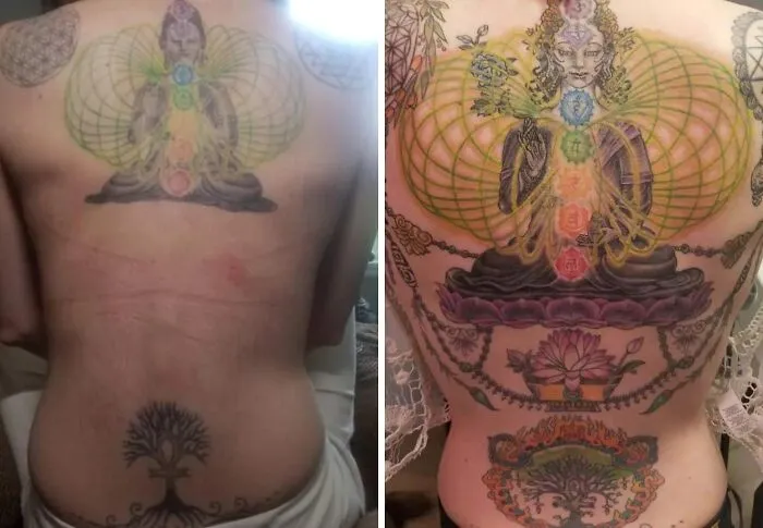 Tattoo cover-up transformation showing a colorful and intricate design on a person's back with spiritual motifs.