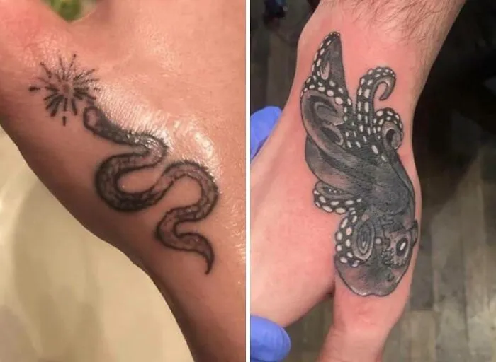Tattoo cover-up of a snake transformed into an octopus on a person's hand.
