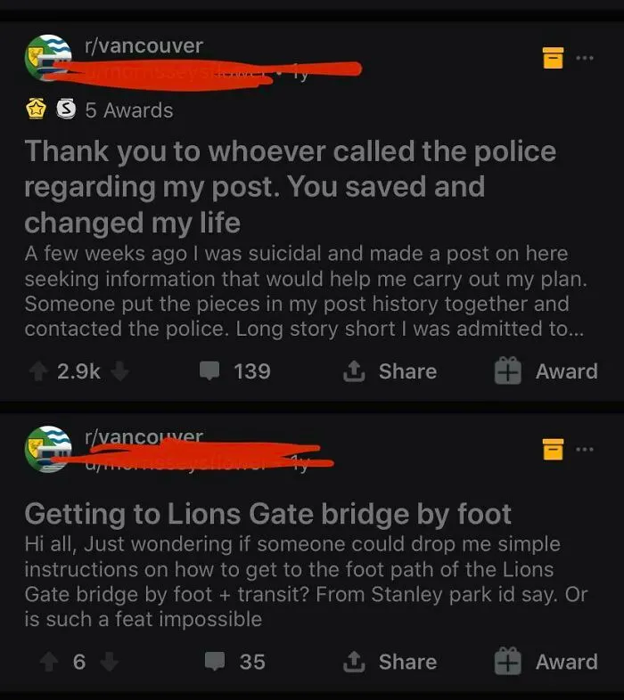 Redditor Posts In Local Subreddit Asking For Directions To A Bridge. Other Members Put 2 And 2 Together And Call The Police, Saving Their Life