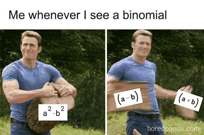 Man breaking a log labeled with mathematical expressions, humorously referencing physics concepts.