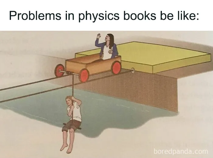 Person pulling a cart on a rope and pulley system above water, illustrating a humorous physics problem.