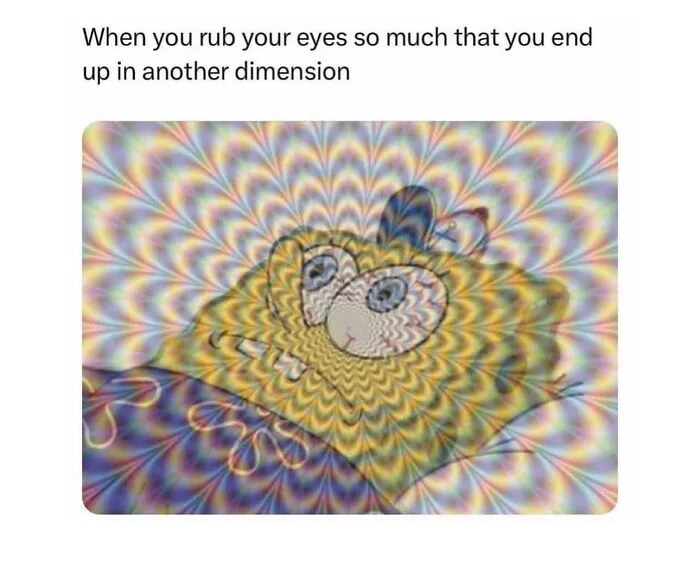 Trippy, colorful meme showing a distorted cartoon character, illustrating a relatable moment.