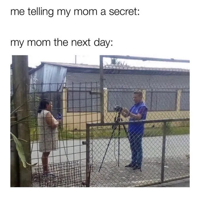 Relatable meme of a mom sharing a secret as news, depicted by a mock press conference scene.