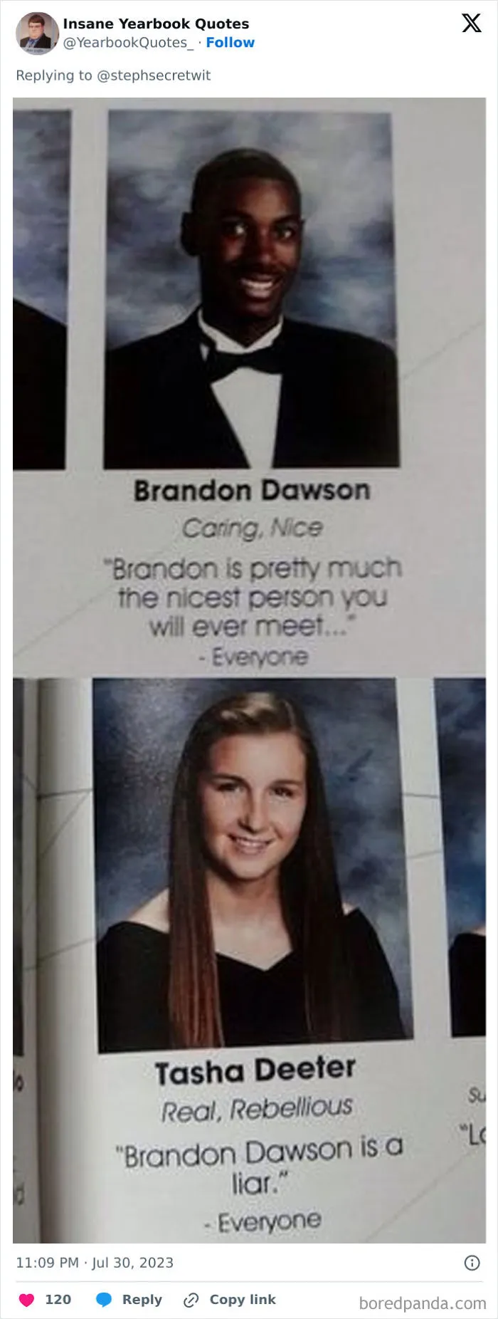 Yearbook quotes featuring senior portraits and humorous text from epic yearbook quotes shared by students.