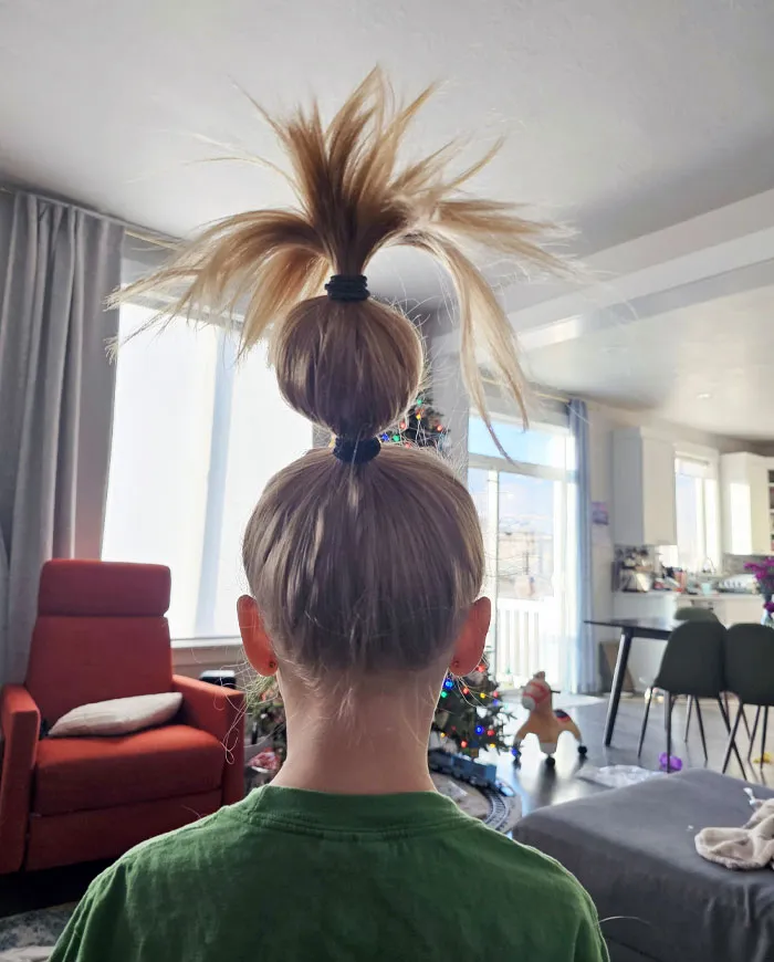 Today Is Grinch Day In My Daughter's Class At School. She's Been Giggling Uncontrollably Since My Wife Did Her Hair