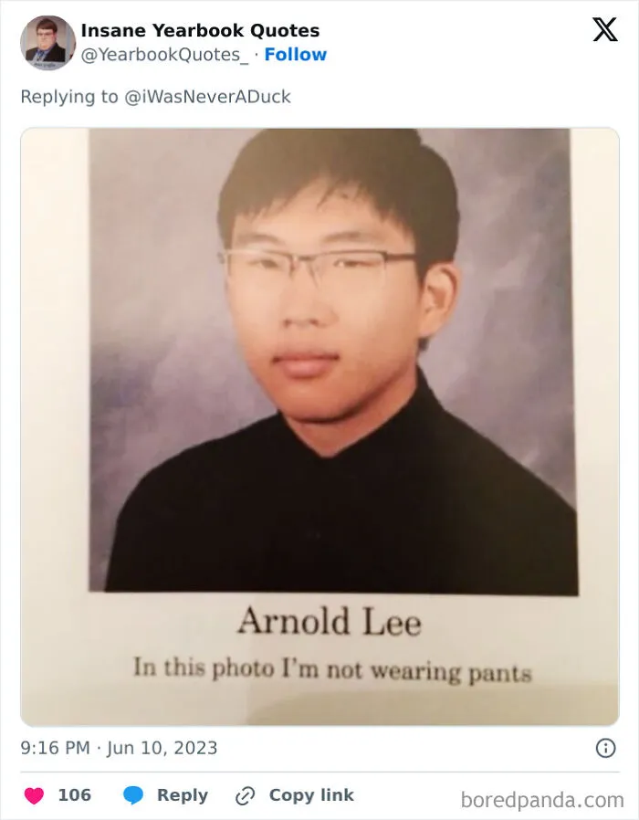 Yearbook photo of a student named Arnold Lee with a humorous yearbook quote about not wearing pants.