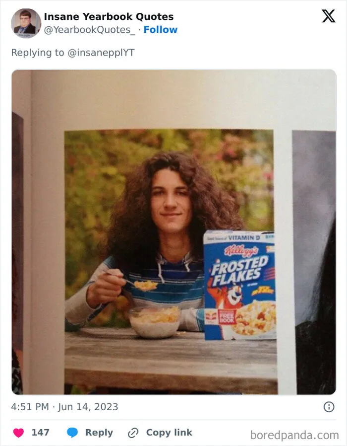 A young person with long curly hair eating cereal outdoors featured in a collection of epic yearbook quotes.