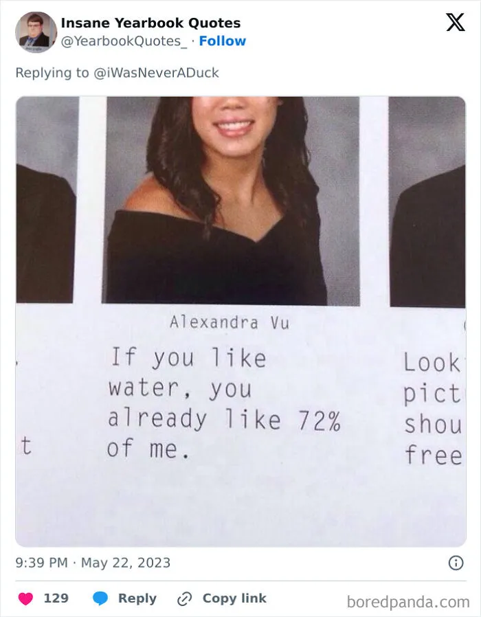Senior portrait with a funny yearbook quote about water and 72 percent, highlighting epic yearbook quotes shared online.
