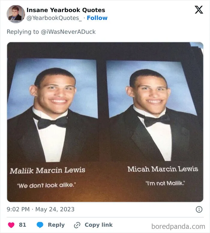 Yearbook photos of twins with funny yearbook quotes highlighting their differences in epic yearbook quotes collection.