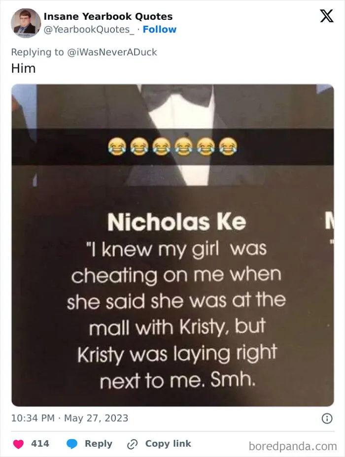 Screenshot of a funny yearbook quote about cheating and friendship, illustrating epic yearbook quotes shared online.