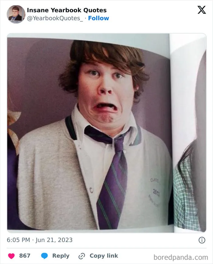 A teenage boy making a funny shocked face in a yearbook photo showcasing epic yearbook quotes humor.