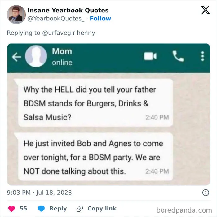 Screenshot of a humorous text conversation referencing funny and epic yearbook quotes shared online.