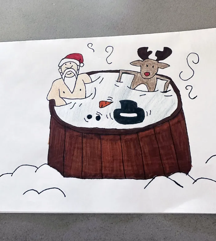 A Card My Daughter Made. Santa, A Reindeer, And A Melted Snowman