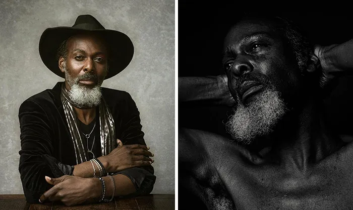 Stylish older man with a white beard posing confidently, wearing a hat in one image, showcasing handsome maturity.