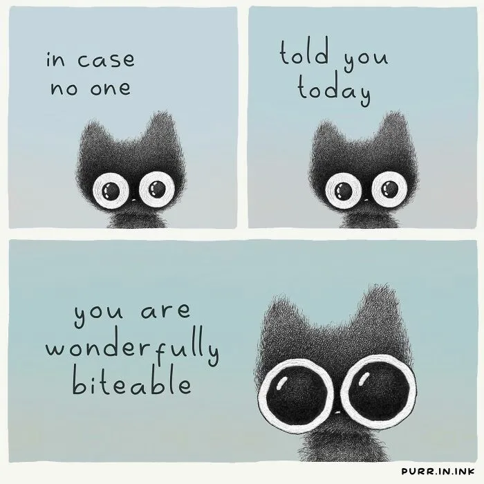 An illustration of a fluffy black cat with big eyes stating 'in case no one told you today, you are wonderfully biteable'.