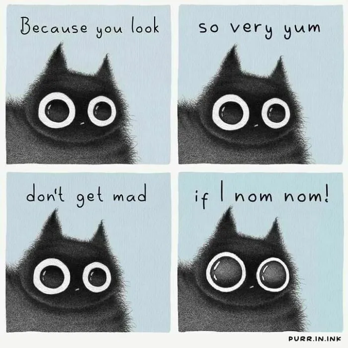 Artist's cat illustrations: four-panel comic of a fluffy black cat saying 'Because you look so very yum, don't get mad if I nom nom!'