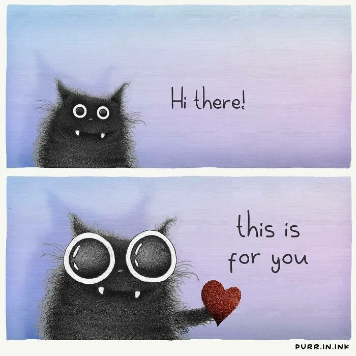 Artist's cat illustrations: fluffy black cat offering a red heart, expressing sentiments of love and connection.